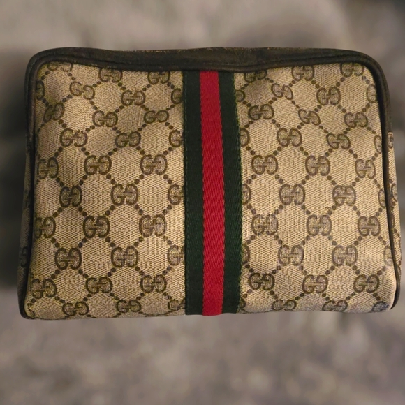 GUCCI Beige & Brown VINTAGE Ophidia Bag W Classic GG Monogram & Red/Green Stripe - Picture 1 of 8